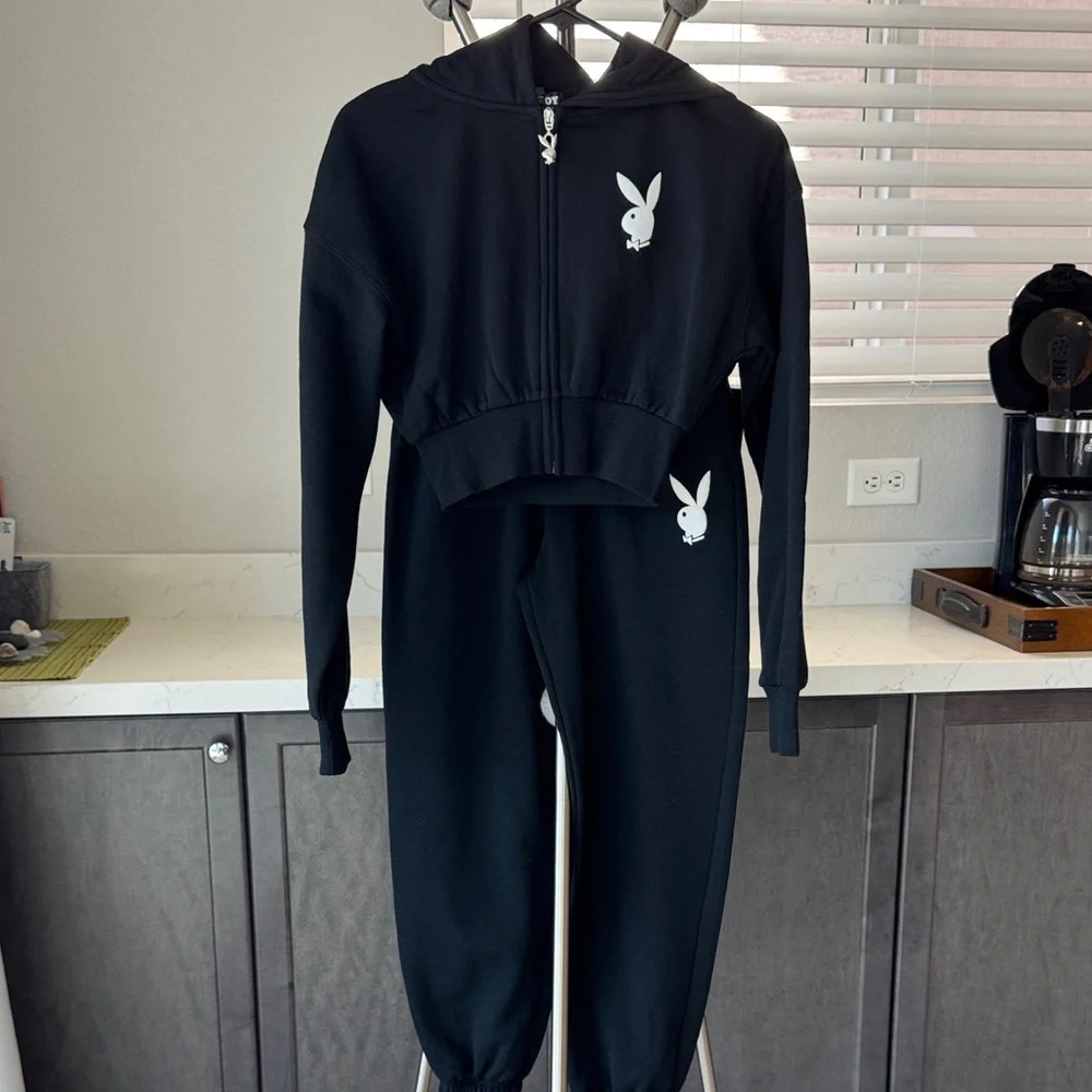 PLAYBOY Black Hoodie and Jogger Set with White Bunny Logos - Picture 1 of 14